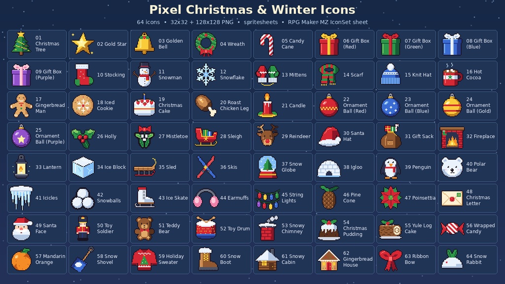 【ドット絵】クリスマス・冬アイコン64種【RPGツクールMZ対応】