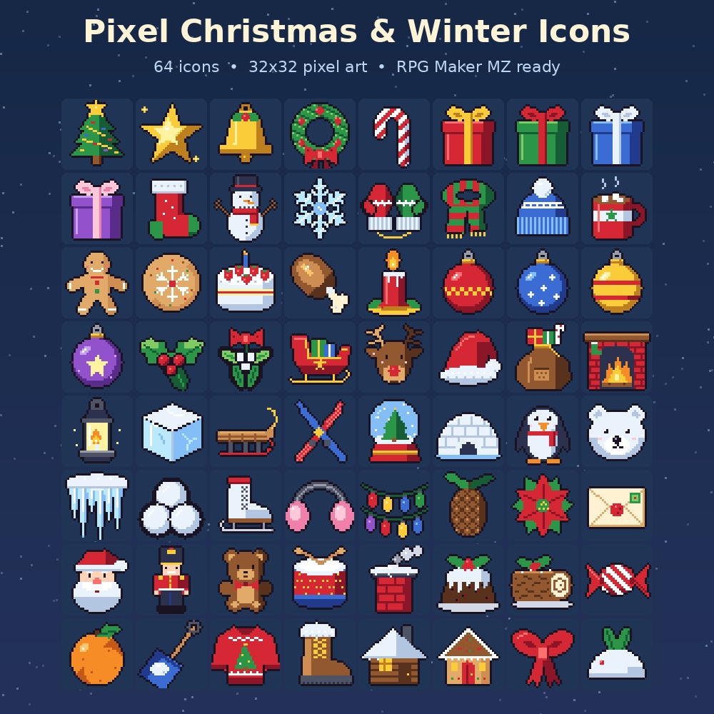 【ドット絵】クリスマス・冬アイコン64種【RPGツクールMZ対応】
