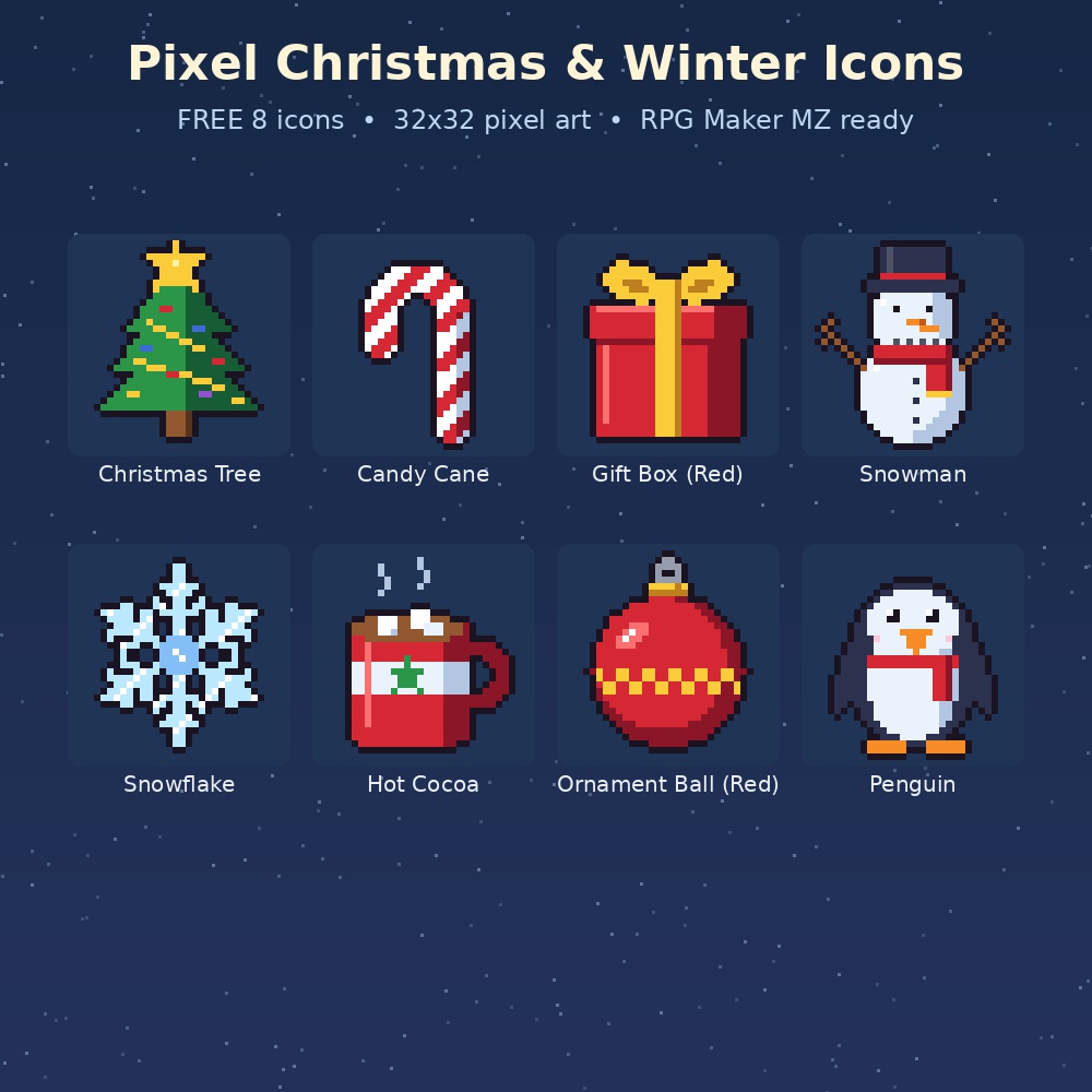 【無料】クリスマス・冬アイコン8種【ドット絵・RPGツクールMZ対応】