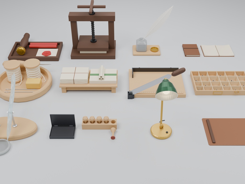 製本・文具工房の小物 12種セット 4色カラバリ付き【ローポリ3Dモデル】