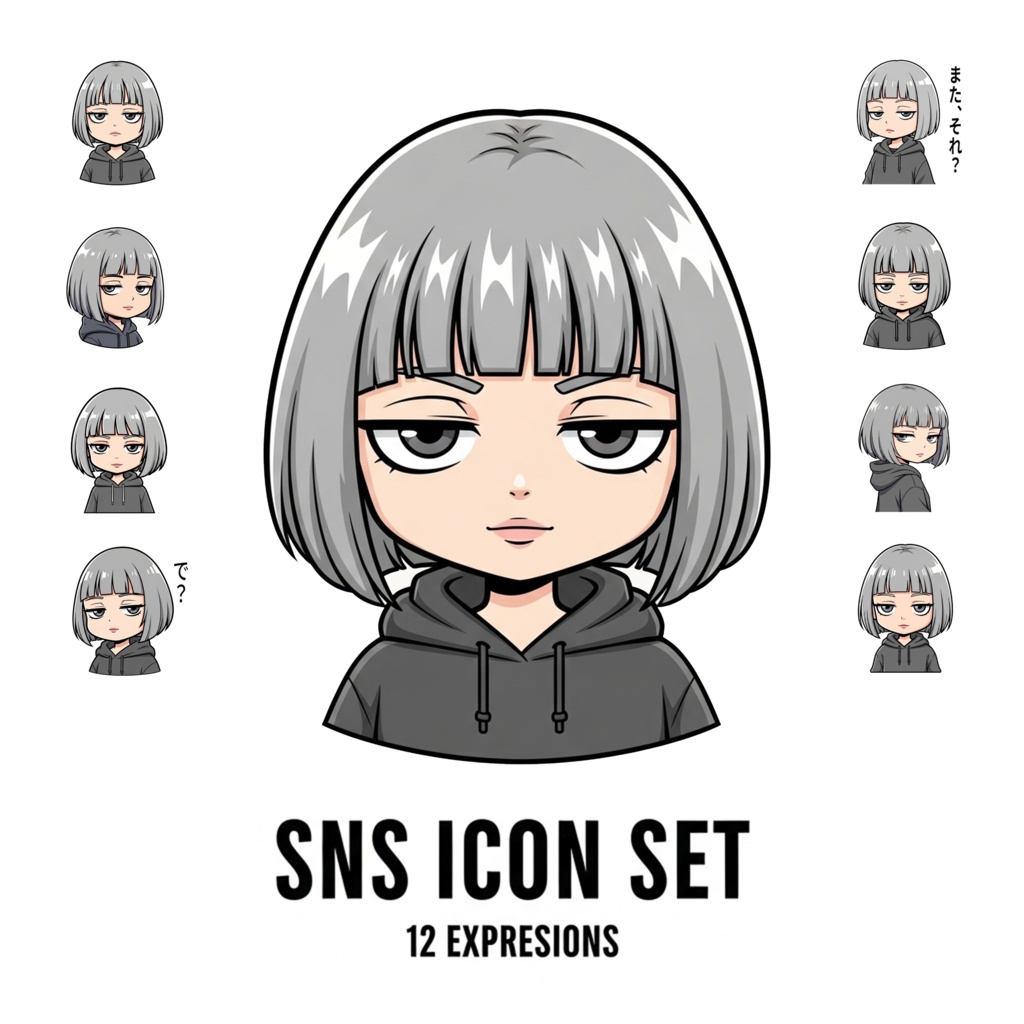 銀髪ボブちゃん｜SNSで使える感情アイコン12種セット【PNG】