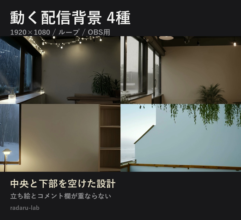動く配信背景セット 4種|1920×1080 ループ / OBS用 / 中央を空けた設計
