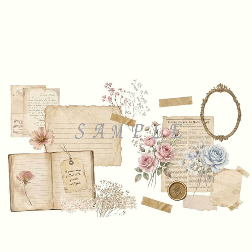 ヴィンテージ水彩コラージュ素材【水彩・日記・サムネ・Canva対応】