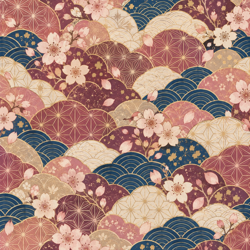 【5枚セット】和柄デジタルペーパー｜和モダン・桜・青海波・麻の葉・亀甲・菊・紅葉｜くすみカラー 金彩風 背景素材