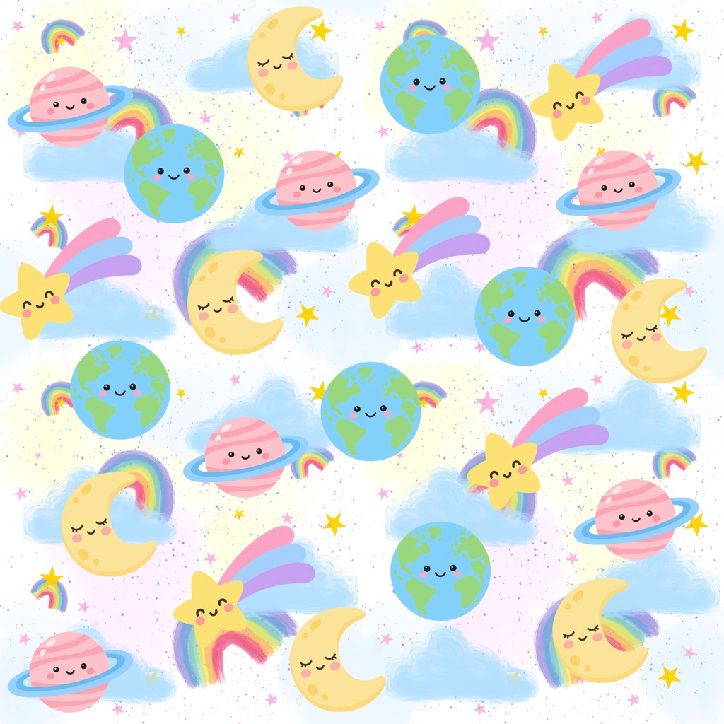 【5枚セット】宇宙柄デジタルペーパー|星・月・地球・土星・流れ星|パステルカラー・かわいい・子ども向け|背景素材 PNG 2000×2000px