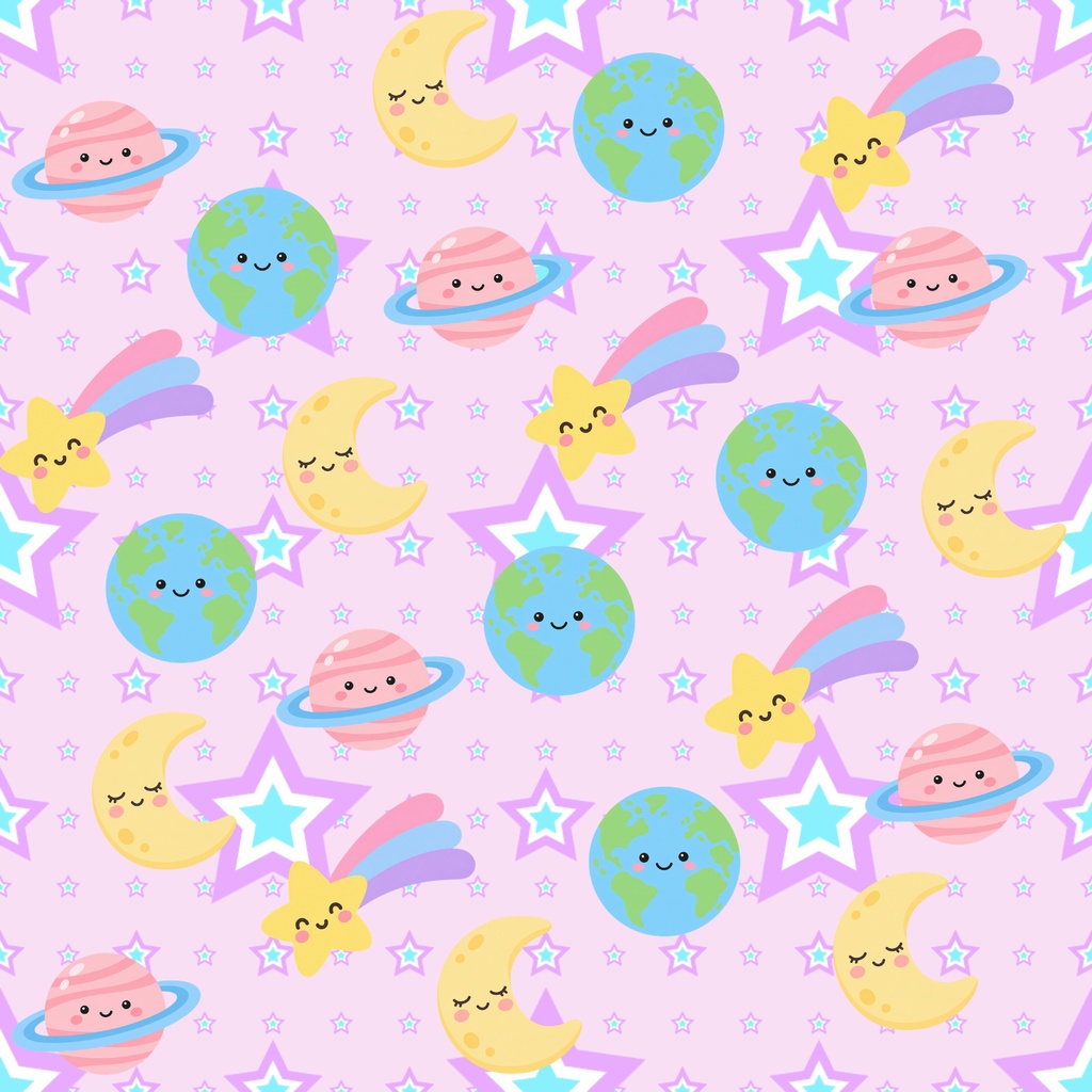 【5枚セット】宇宙柄デジタルペーパー｜星・月・地球・土星・流れ星｜パステルカラー・かわいい・子ども向け｜背景素材 PNG 2000×2000px