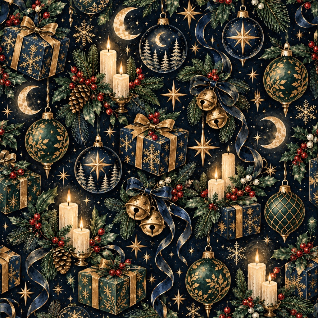 真夜中のクリスマス|デジタルペーパー10枚セット|星空・ネイビー・ゴールド・水彩・冬の背景素材 PNG