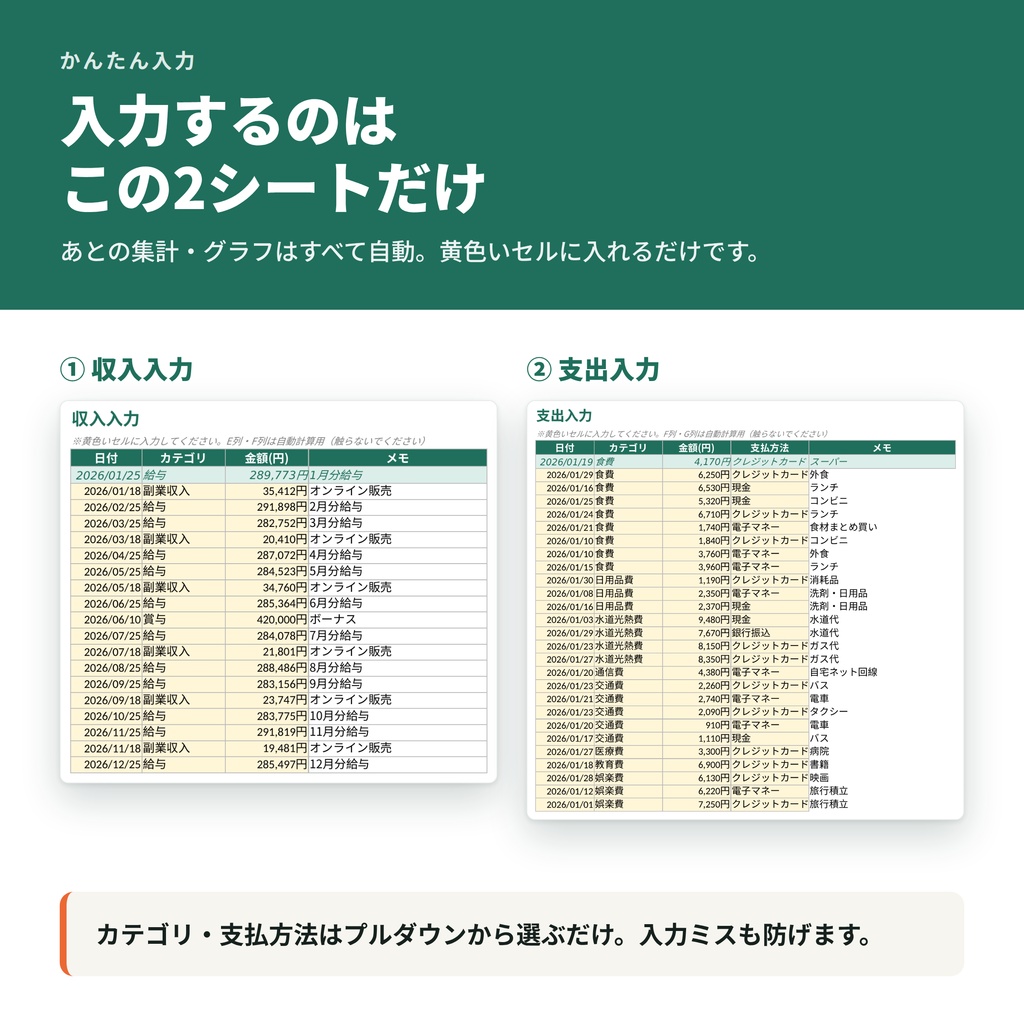 かんたん家計簿テンプレート|自動集計・グラフ付きExcel