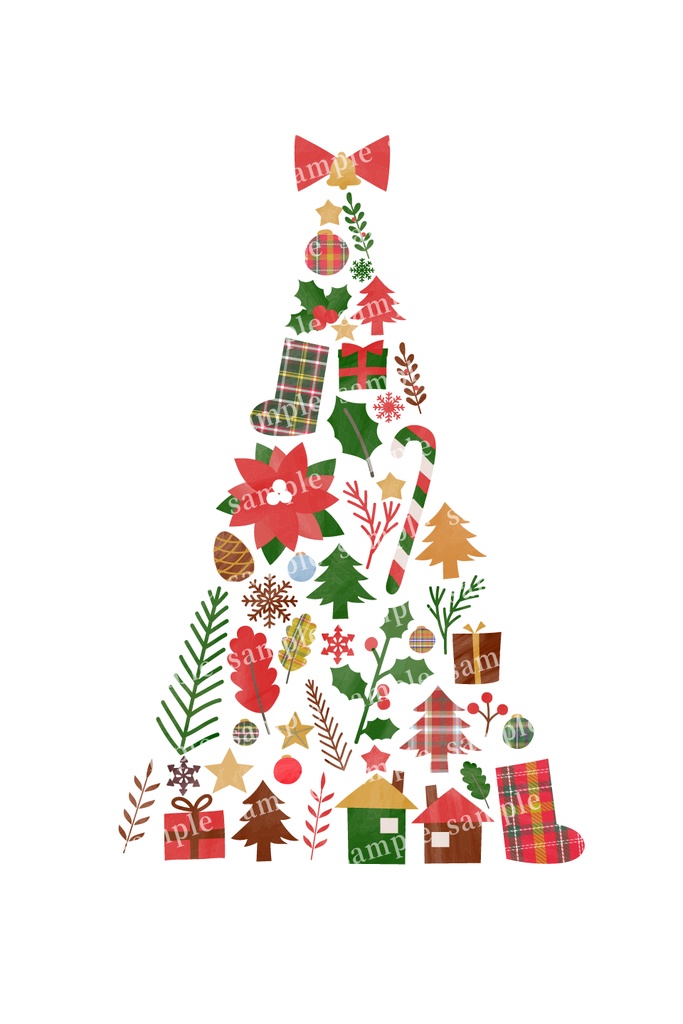 クリスマスの装飾でかたどったクリスマスツリーのイラスト