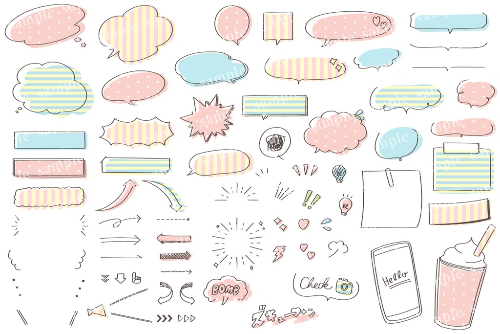 手書きの線画ポップな吹き出しセット ストライプ