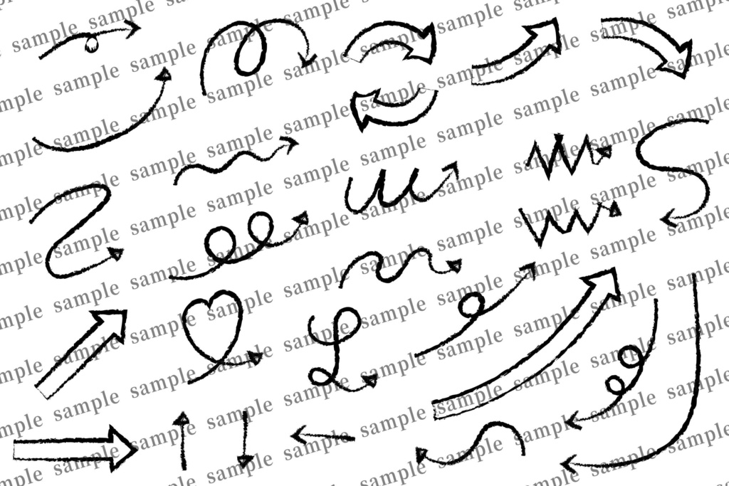 シンプルな落書き風矢印セット 線画 白黒 手書き 鉛筆