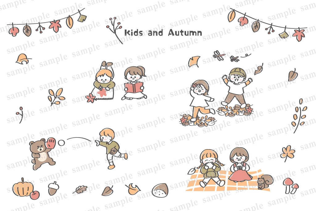 色々な秋を楽しむ子供たちのイラストセット