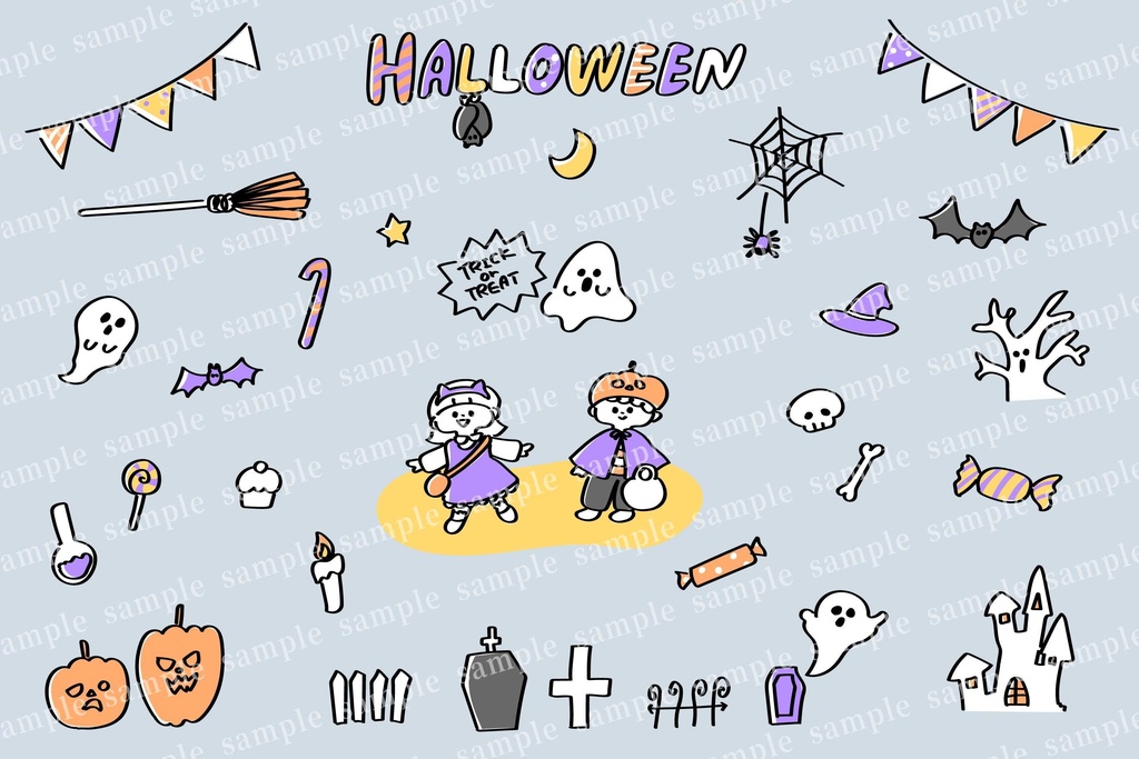 仮装をした子どもたちとハロウィン素材の手描きイラストセット