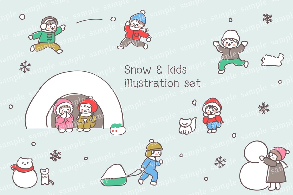 冬に元気に遊ぶ子どもたちのイラストセット