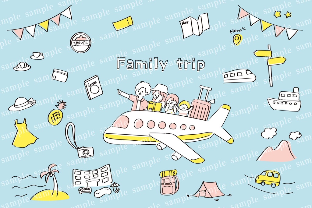 ゆるかわいい家族旅行のイラスト素材セット