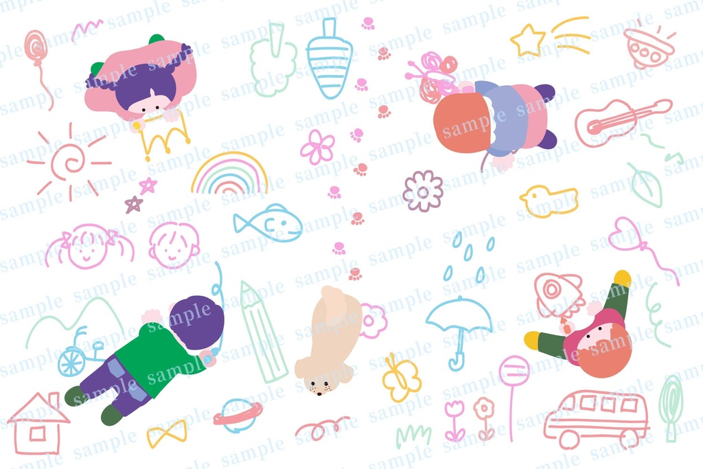 子どもたちとお絵かき風のイラスト素材セット