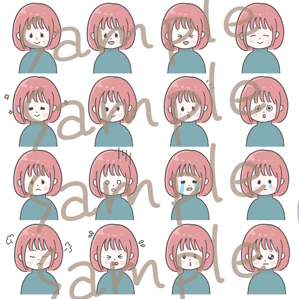 【商用OK◎表情16種類アイコンセット】ピンクのボブヘアの女の子(データ販売)