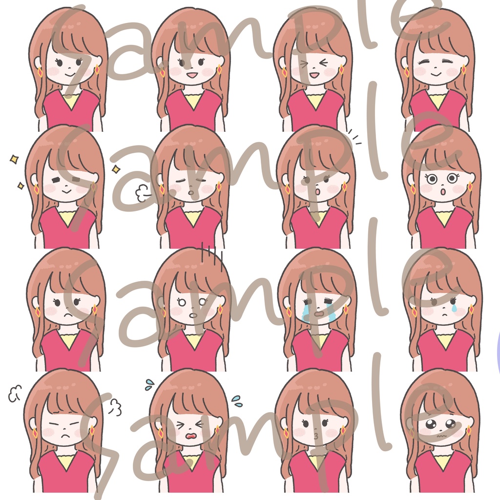 【商用OK◎表情16種類アイコンセット】大人ロングヘアの女の子(データ販売)