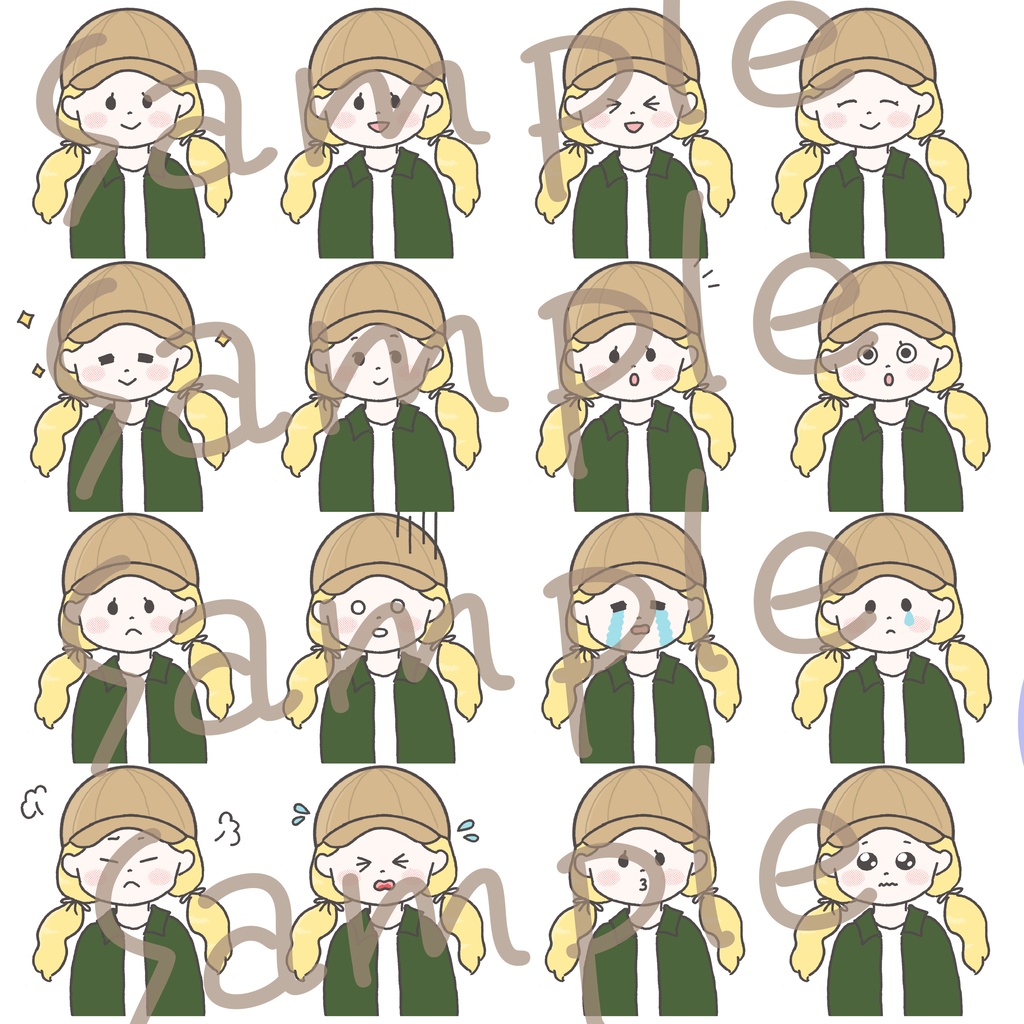 【商用OK◎表情16種類アイコンセット】キャップを被った女の子(データ販売)