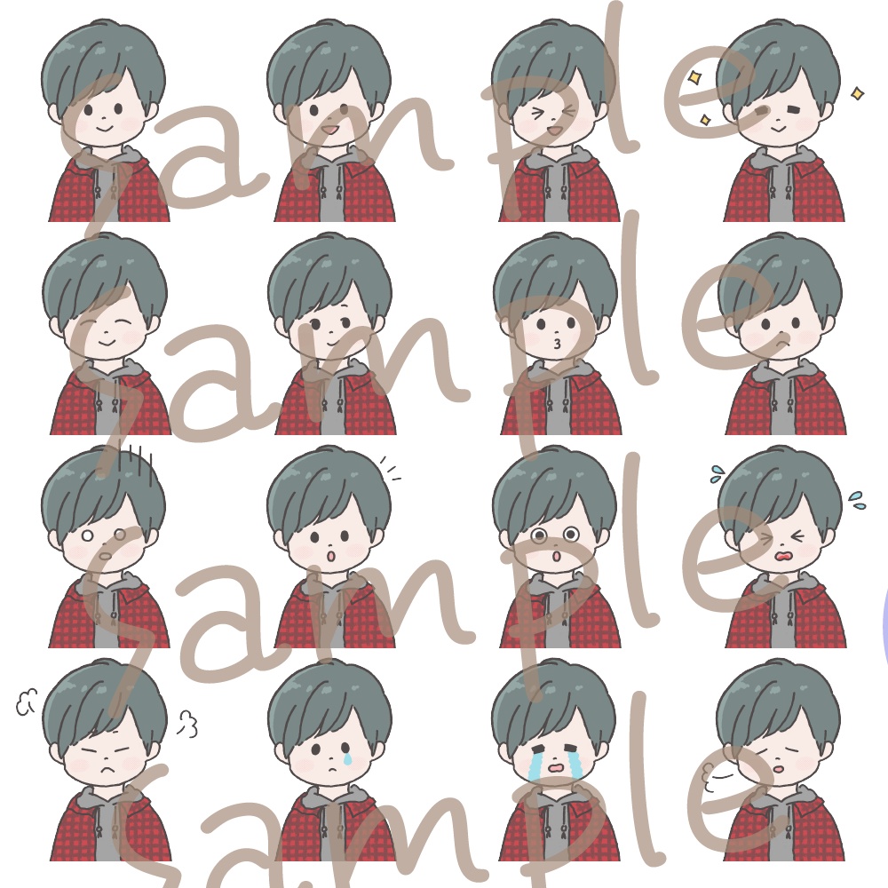 【商用OK◎表情16種類アイコンセット】チェックシャツとパーカーの男の子(データ販売)