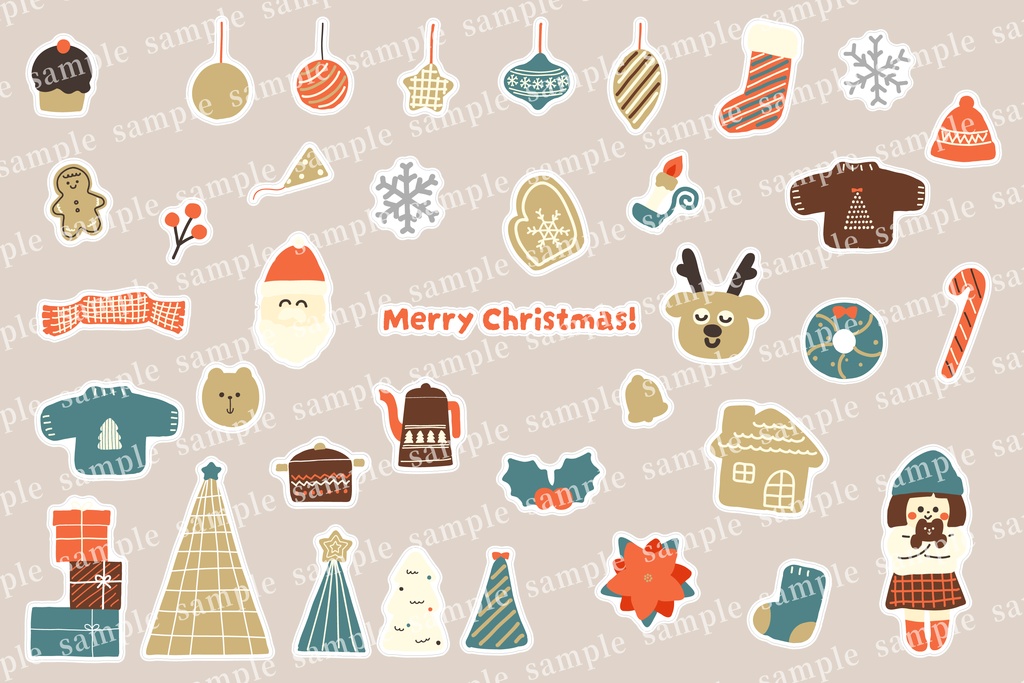 ゆるかわいいクリスマスステッカー風イラストセット