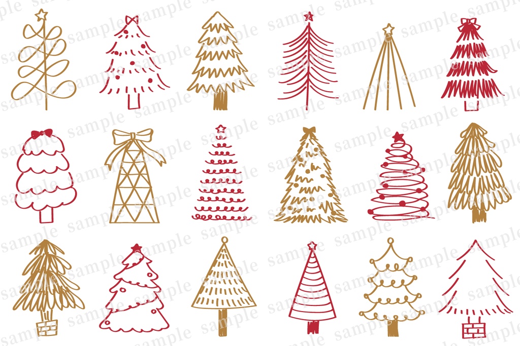 ゴールドと赤の線画のクリスマスツリーセット　おしゃれ　スタイリッシュ　手書き