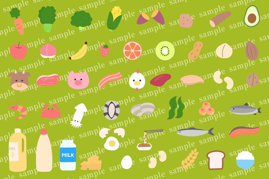 色々な食材・食べ物のかわいいフラットイラストセット