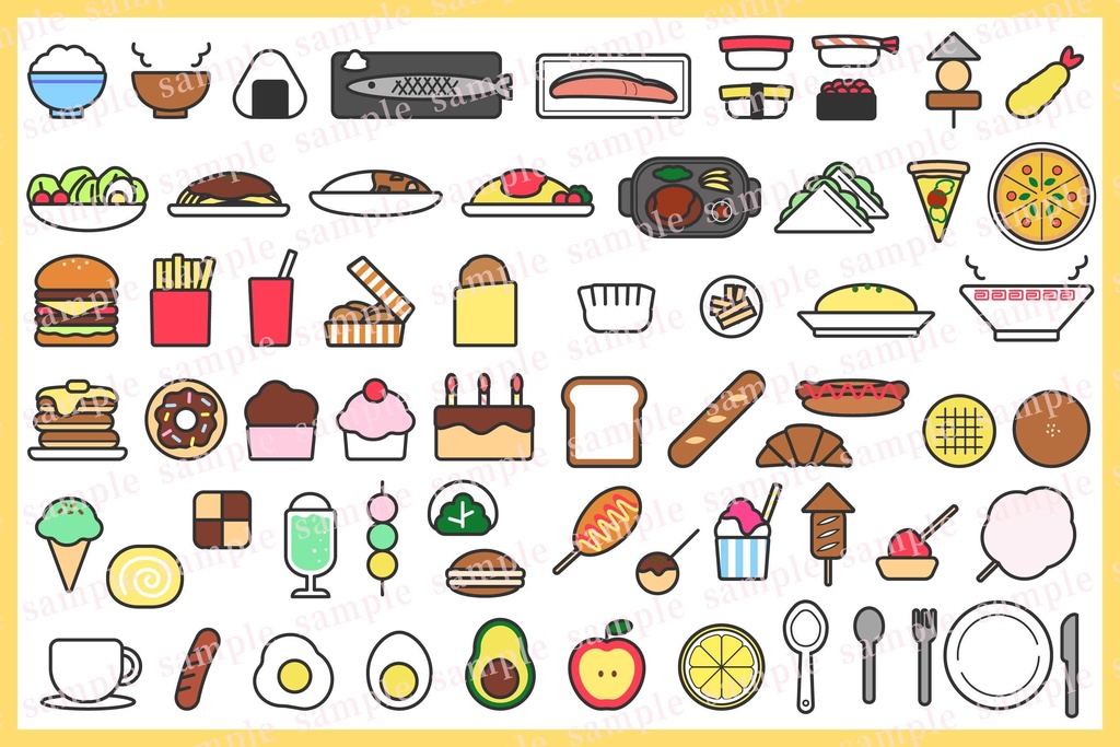 ポップな食べ物アイコンセット かわいい レトロ