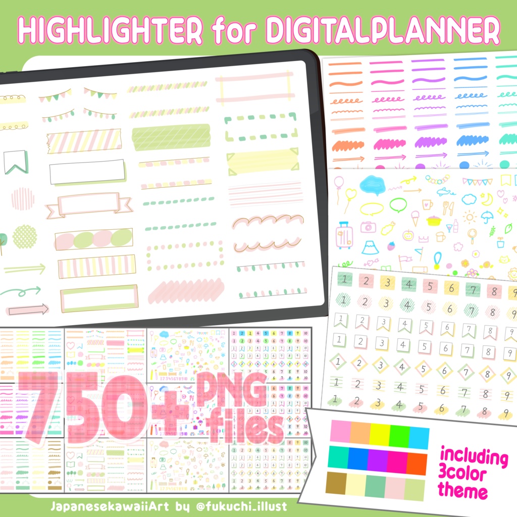 デジタルプランナー向け|かわいい手書きのラインマーカー・フレーム・落書き・数字のセット 750+の背景透過のPNGファイル/Digital Planner Highlighter Sticker Pack | Cute Hand-Drawn Line Markers & Icons