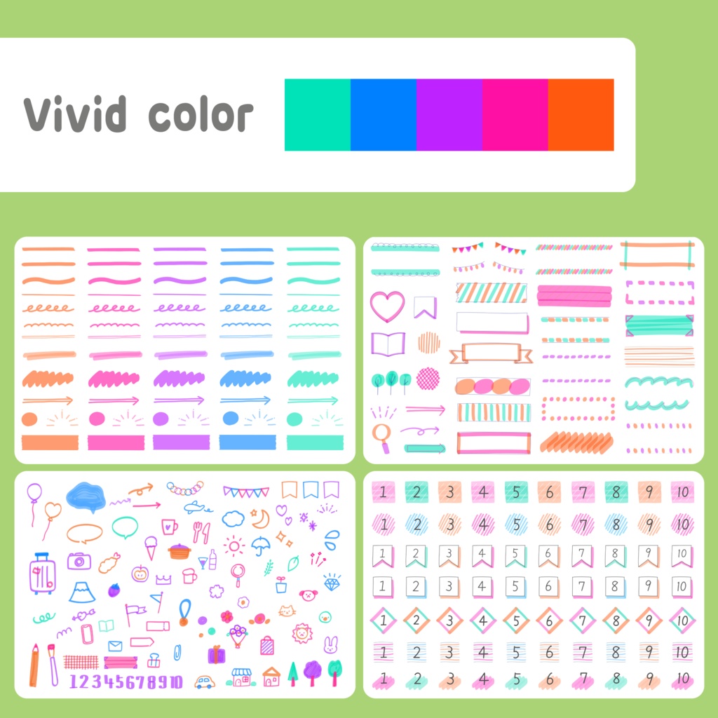 デジタルプランナー向け|かわいい手書きのラインマーカー・フレーム・落書き・数字のセット 750+の背景透過のPNGファイル/Digital Planner Highlighter Sticker Pack | Cute Hand-Drawn Line Markers & Icons