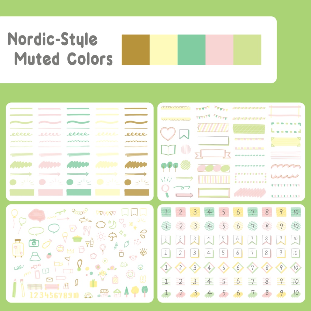 デジタルプランナー向け|かわいい手書きのラインマーカー・フレーム・落書き・数字のセット 750+の背景透過のPNGファイル/Digital Planner Highlighter Sticker Pack | Cute Hand-Drawn Line Markers & Icons