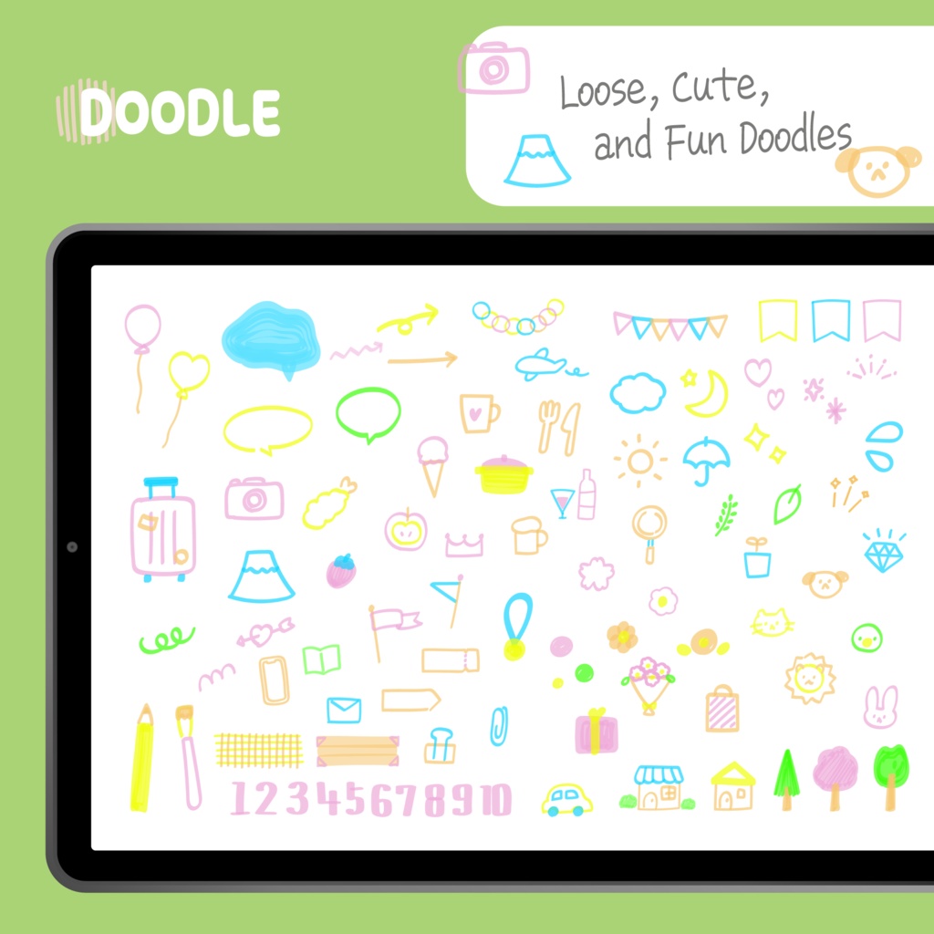 デジタルプランナー向け|かわいい手書きのラインマーカー・フレーム・落書き・数字のセット 750+の背景透過のPNGファイル/Digital Planner Highlighter Sticker Pack | Cute Hand-Drawn Line Markers & Icons