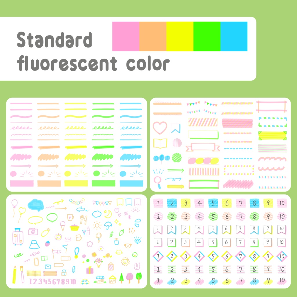 デジタルプランナー向け|かわいい手書きのラインマーカー・フレーム・落書き・数字のセット 750+の背景透過のPNGファイル/Digital Planner Highlighter Sticker Pack | Cute Hand-Drawn Line Markers & Icons
