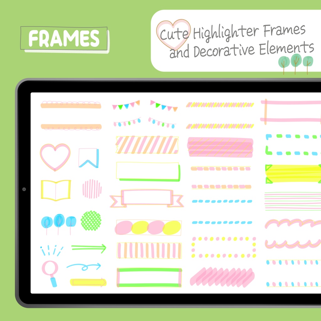 デジタルプランナー向け|かわいい手書きのラインマーカー・フレーム・落書き・数字のセット 750+の背景透過のPNGファイル/Digital Planner Highlighter Sticker Pack | Cute Hand-Drawn Line Markers & Icons