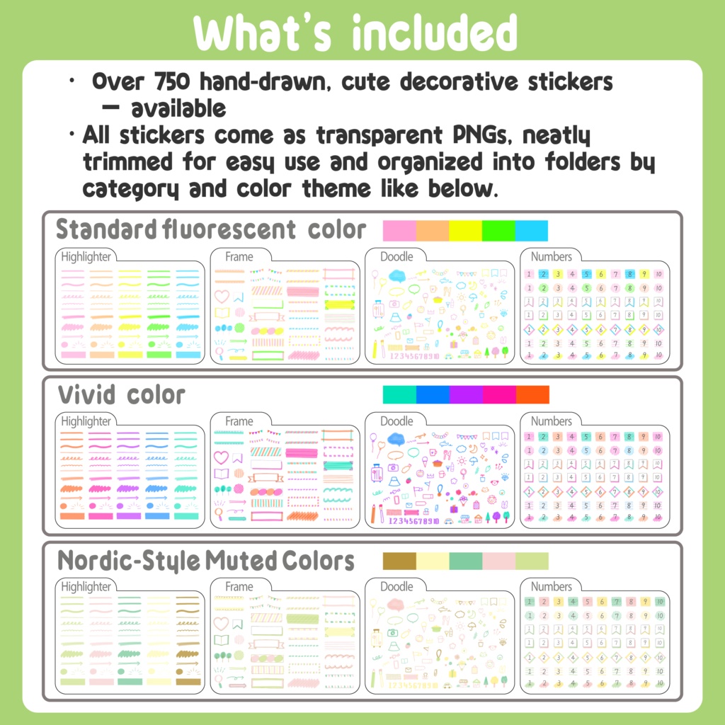 デジタルプランナー向け|かわいい手書きのラインマーカー・フレーム・落書き・数字のセット 750+の背景透過のPNGファイル/Digital Planner Highlighter Sticker Pack | Cute Hand-Drawn Line Markers & Icons