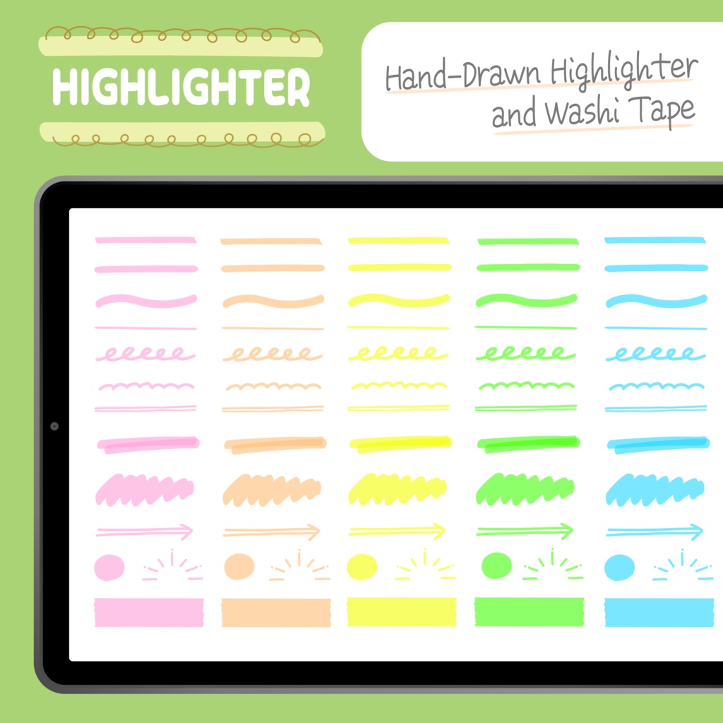 デジタルプランナー向け|かわいい手書きのラインマーカー・フレーム・落書き・数字のセット 750+の背景透過のPNGファイル/Digital Planner Highlighter Sticker Pack | Cute Hand-Drawn Line Markers & Icons