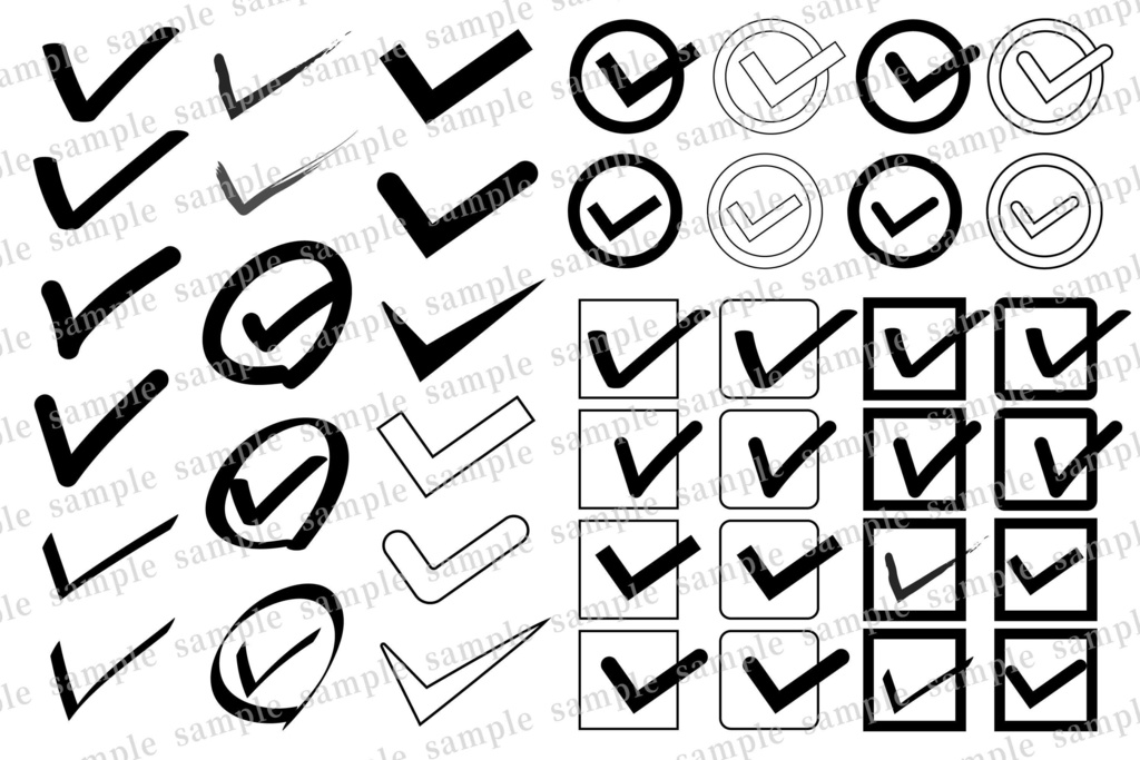 黒のチェックマークとチェックボックスのアイコンセット（手描きあり）