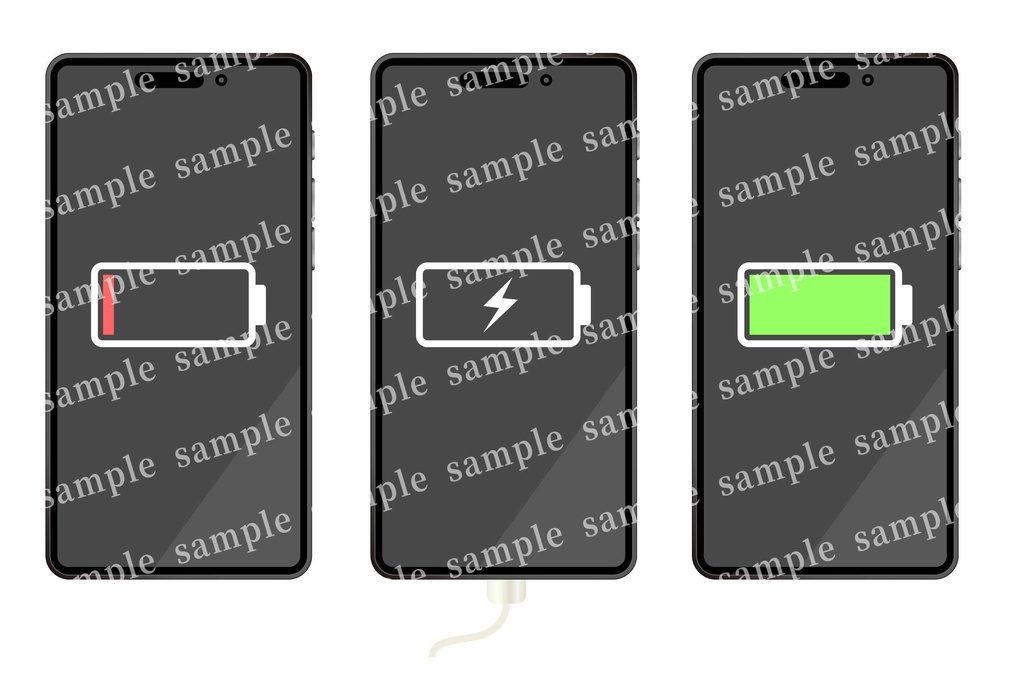 充電切れと充電中のスマホ画面のイラストセット（電池切れ・充電中・フル充電）