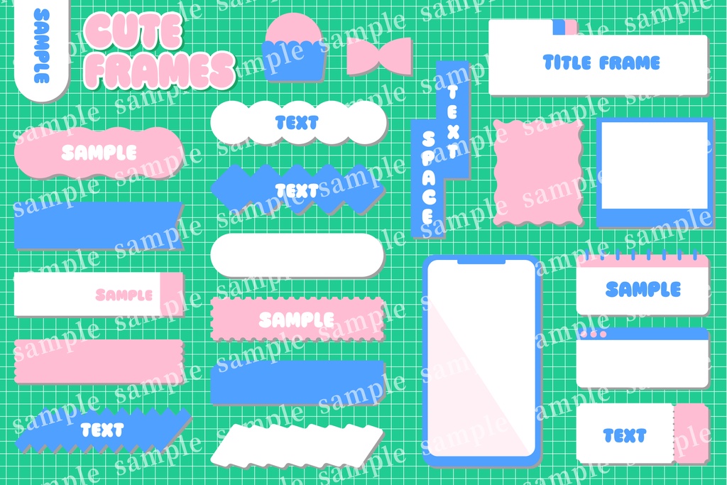 スクラップブック風のポップでかわいいフレームセット｜グリーン・ピンク・ブルー