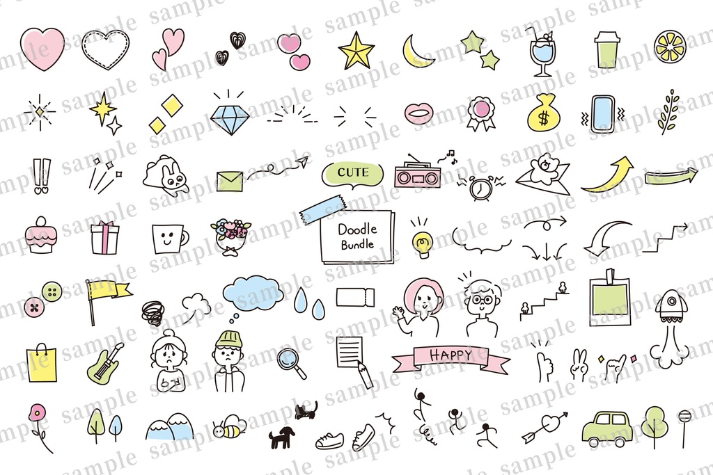 ゆるかわいい手書きのアイコンイラストセット