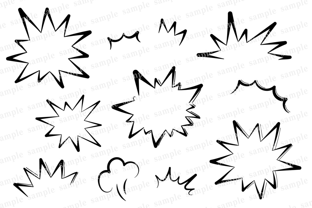 筆・太さにムラのあるペンで描いた風の爆発や驚きのフレーム・装飾セット