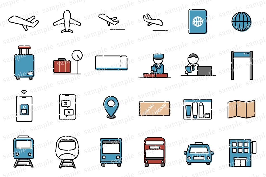 旅行関連のシンプルなアイコンイラストセット