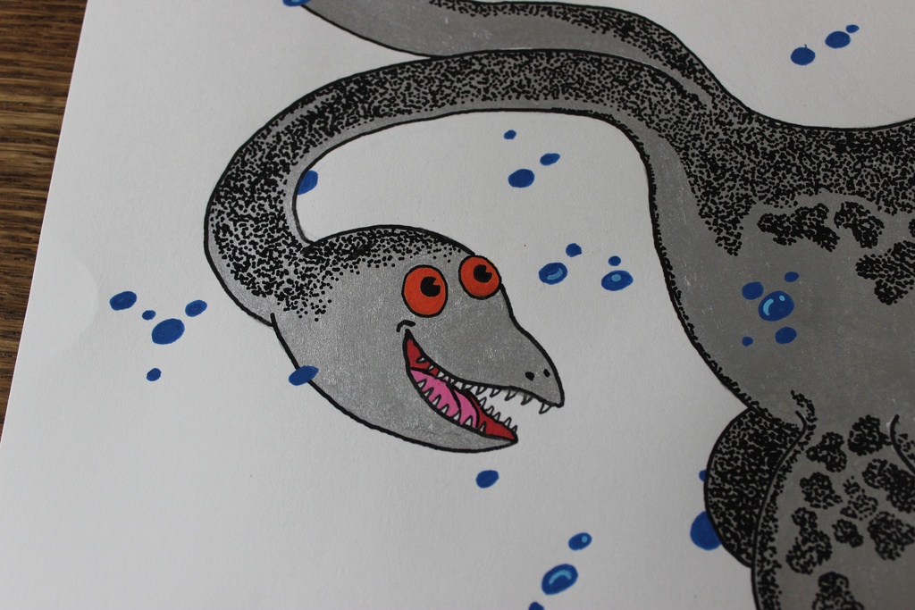 「双頭の首長竜とショーボーくん」オリジナルドローイング "Two-Headed Plesiosaur&Shobo kun" Original drawing