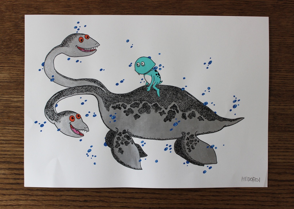「双頭の首長竜とショーボーくん」オリジナルドローイング "Two-Headed Plesiosaur＆Shobo kun" Original drawing 
