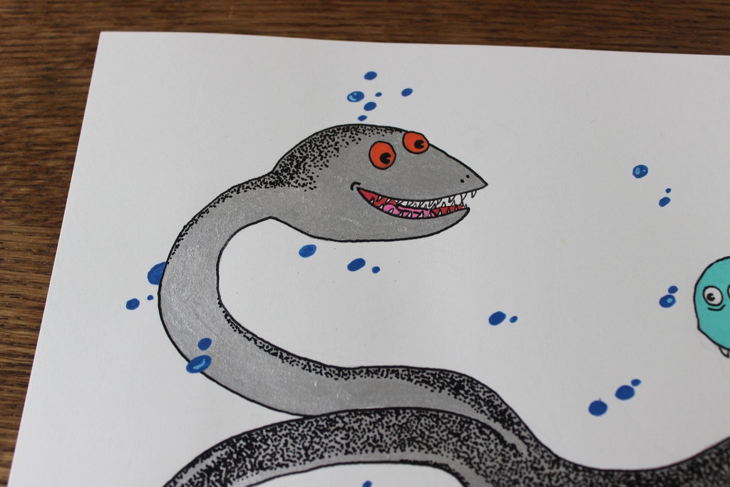 「双頭の首長竜とショーボーくん」オリジナルドローイング "Two-Headed Plesiosaur&Shobo kun" Original drawing