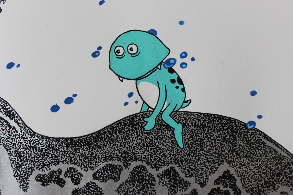 「双頭の首長竜とショーボーくん」オリジナルドローイング "Two-Headed Plesiosaur&Shobo kun" Original drawing