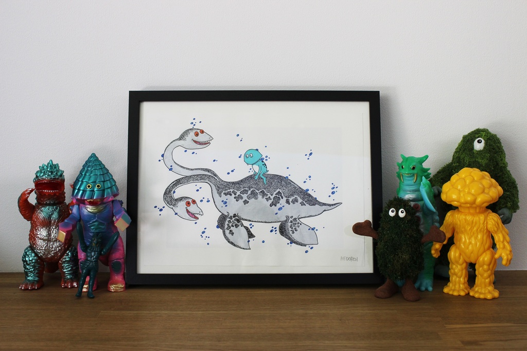 「双頭の首長竜とショーボーくん」オリジナルドローイング "Two-Headed Plesiosaur&Shobo kun" Original drawing