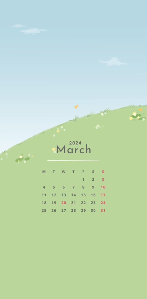 2024年3月カレンダー：スマホ壁紙