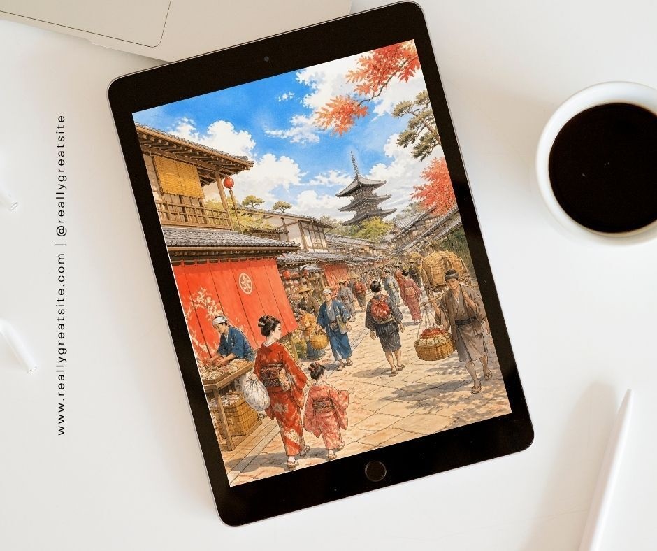秋の京都を歩く庶民たちー江戸時代Verー|日本画風のデジタルウォールアート【ダウンロード版】