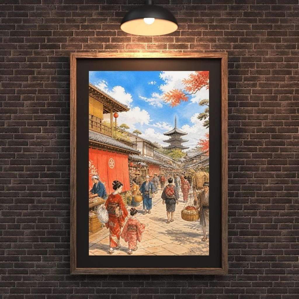 秋の京都を歩く庶民たちー江戸時代Verー|日本画風のデジタルウォールアート【ダウンロード版】